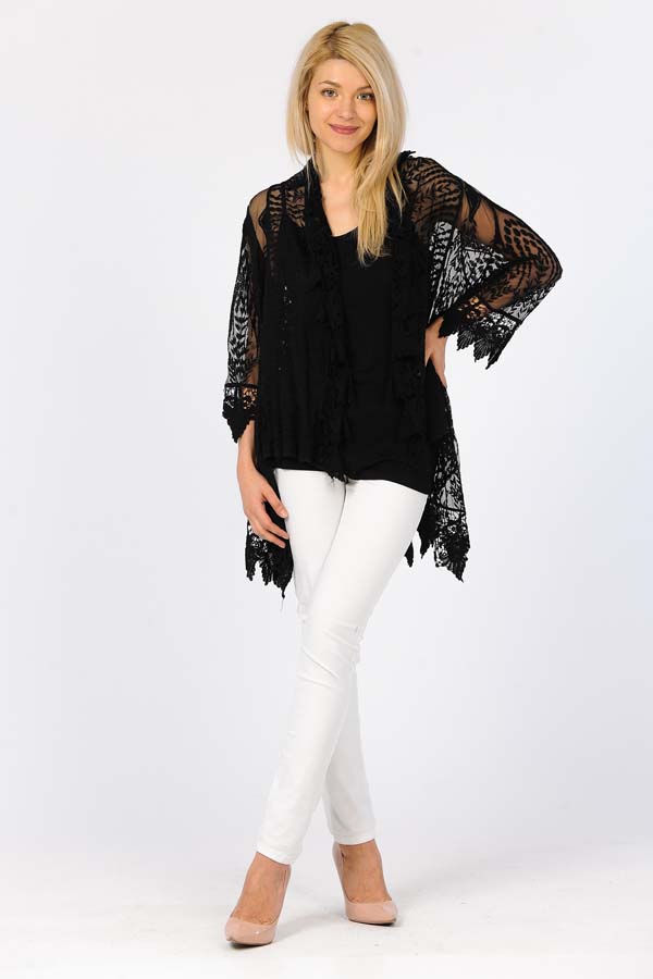60% Cotton 40% Poly Front Open Lace Cardigan - Black